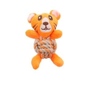 cartoon animal plush dog chew toy with rope ball, orange tiger