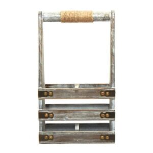 rustic wooden wine crate carrier with rope handle, washed grey