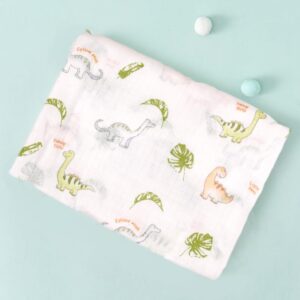 muslin gauze swaddle blanket 100% cotton 110 x 110 cm, leaf dinosaurs