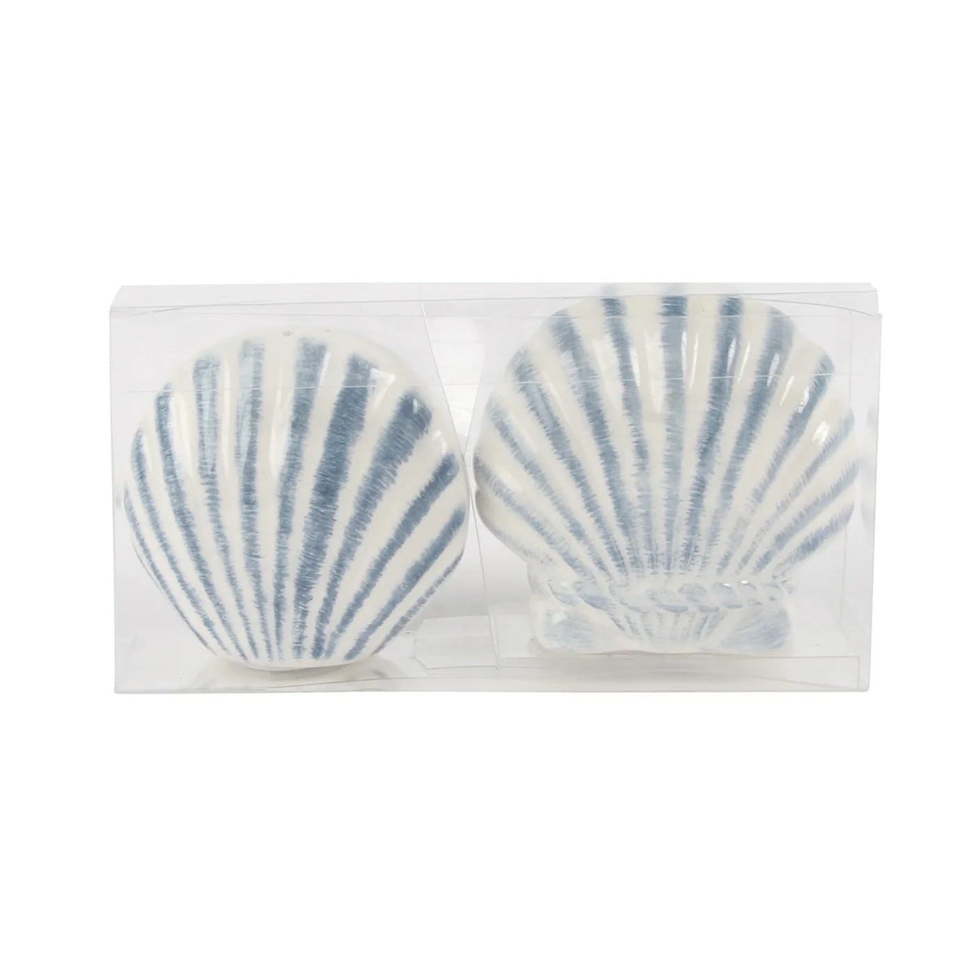 ceramic seashell salt and pepper shakers, blue and white ceramic seashell salt and pepper shakers, blue and white