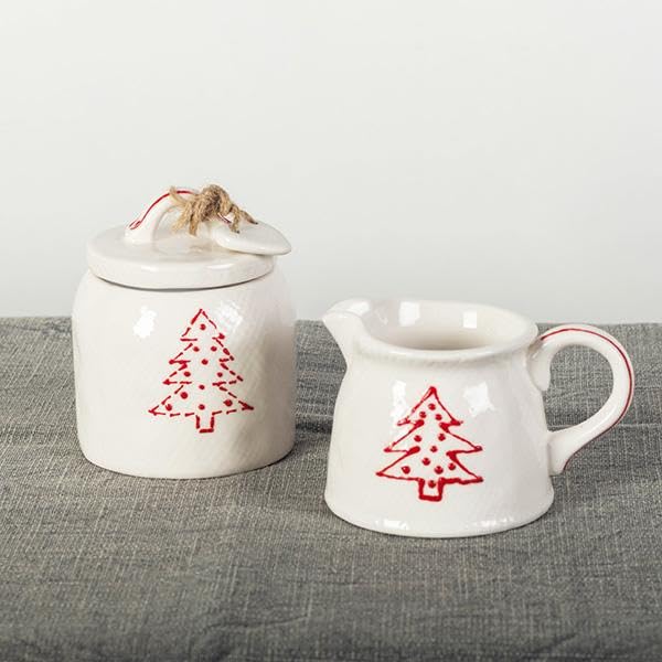 ceramic christmas tree cream and sugar set of 2, white & red