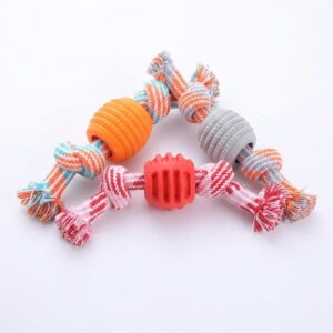 dog bite resistant rope toy with rubber ball knots set of 3, lighter colors