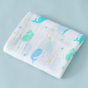 muslin gauze swaddle blanket 100% cotton 110 x 110 cm, happy whale