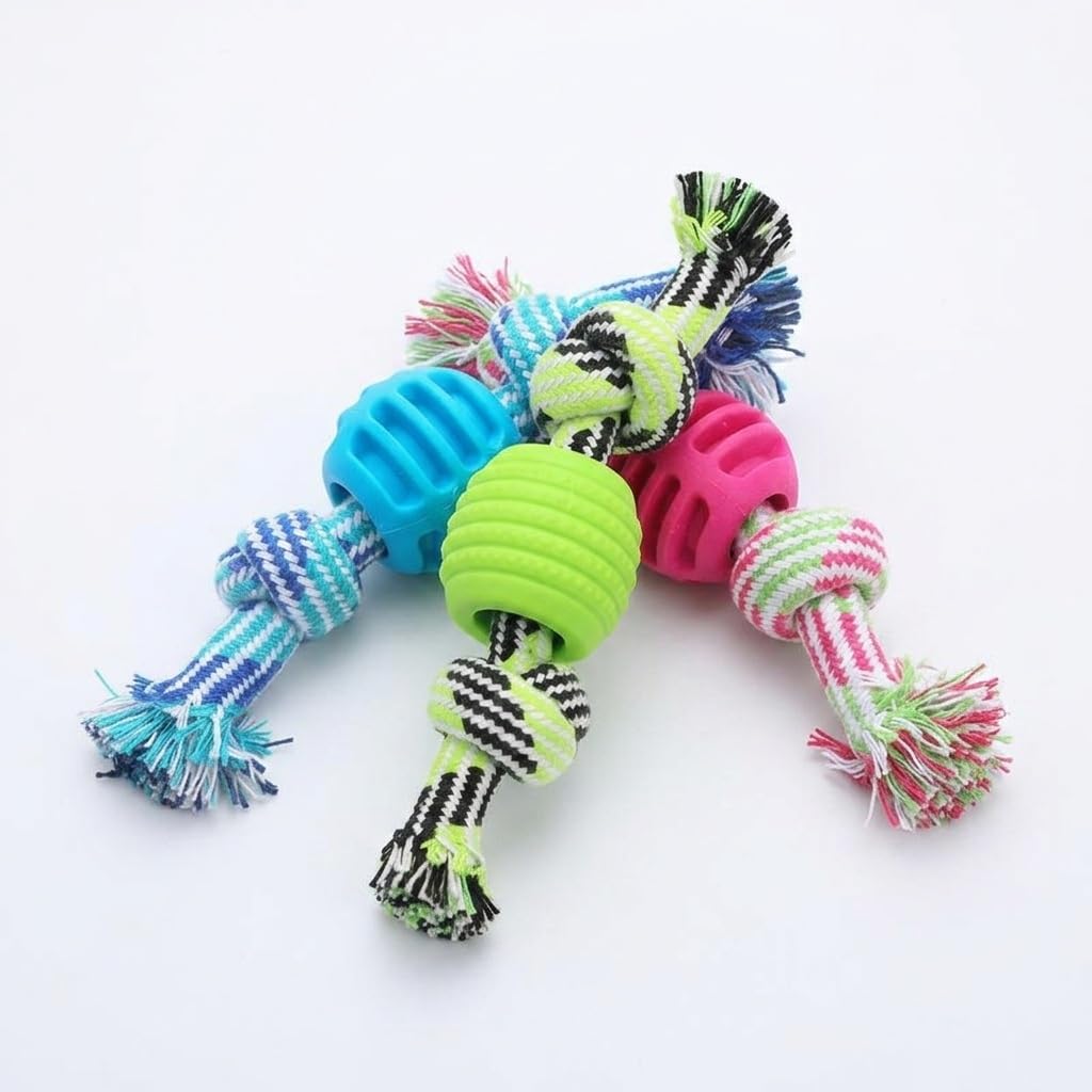 Dog Bite-Resistant Rope Toy with Rubber Ball Knots Set of 3, Deeper Colors