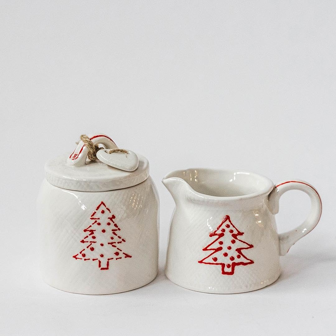 ceramic christmas tree cream and sugar set of 2, white & red