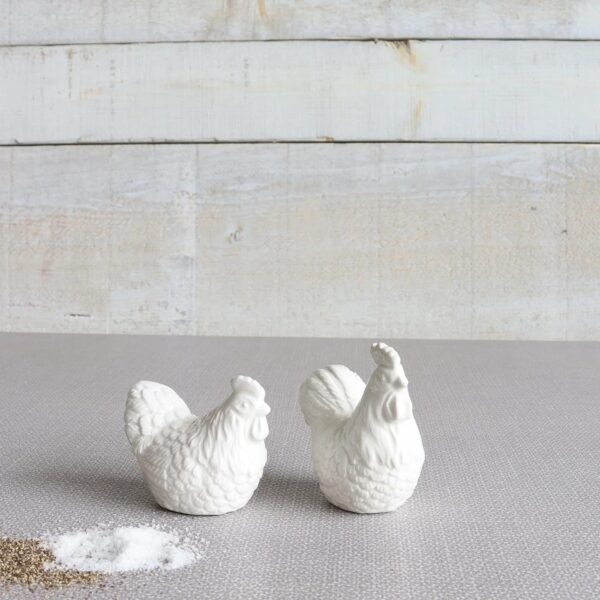 hen & rooster ceramic salt & pepper shakers set, white