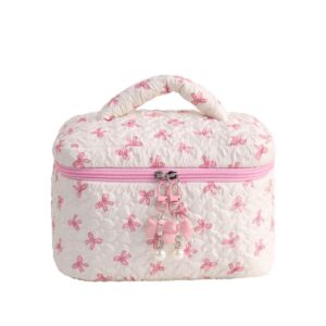 Quilted Bow Print Makeup Bag with Pearl Zipper Charm, 22.5x15x15cm