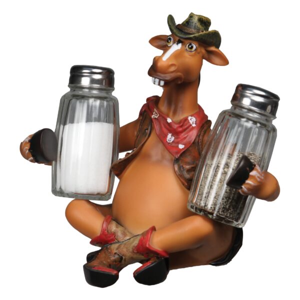 river's edge hand painted poly resin salt and pepper shaker set (horse wearing boots)