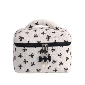quilted bow print makeup bag with pearl zipper charm, 22.5x15x15cm