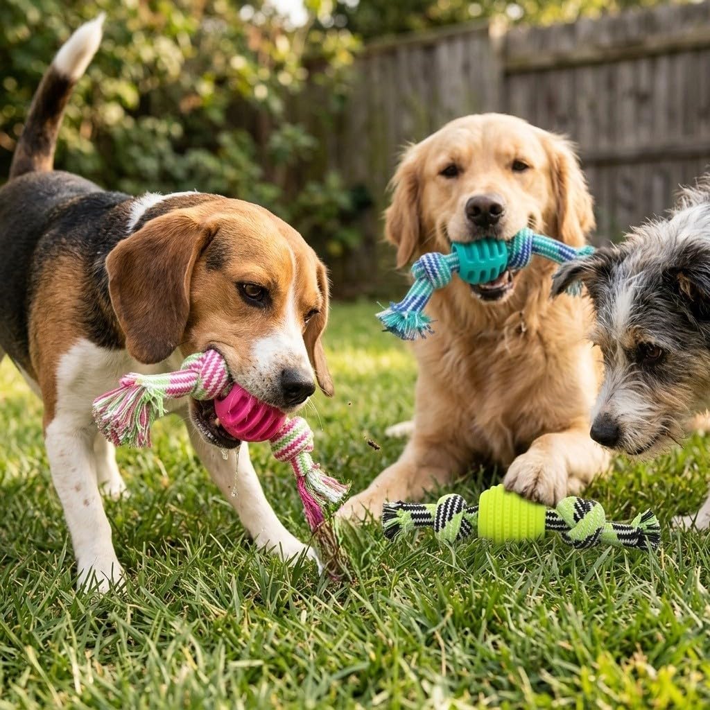 Dog Bite-Resistant Rope Toy with Rubber Ball Knots Set of 3, Deeper Colors - Image 2