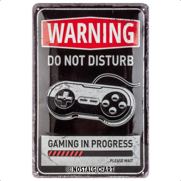 nostalgic art retro tin sign – achtung – gaming in progress – warning sign as gift idea, metal plaque, vintage design for decoration, 20 x 30 cm