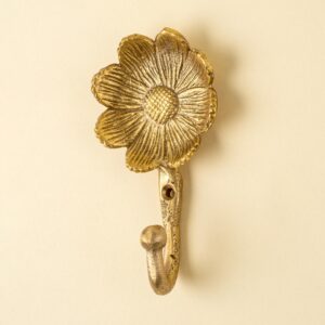 Daisy Wall Hook in Solid Brass, Gold Floral Accent