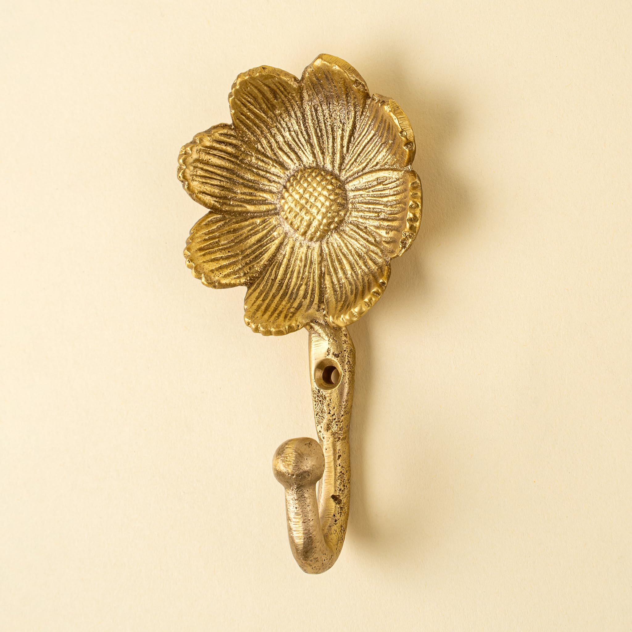 Daisy Wall Hook in Solid Brass, Gold Floral Accent