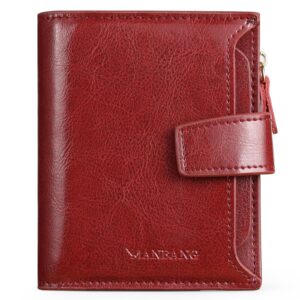 MANBANG Wallets for Women Leather RFID Blocking Small Bifold Zipper Pocket Wallet Card Case Purse with ID Window…, Red, small, Rfid Wallet Women